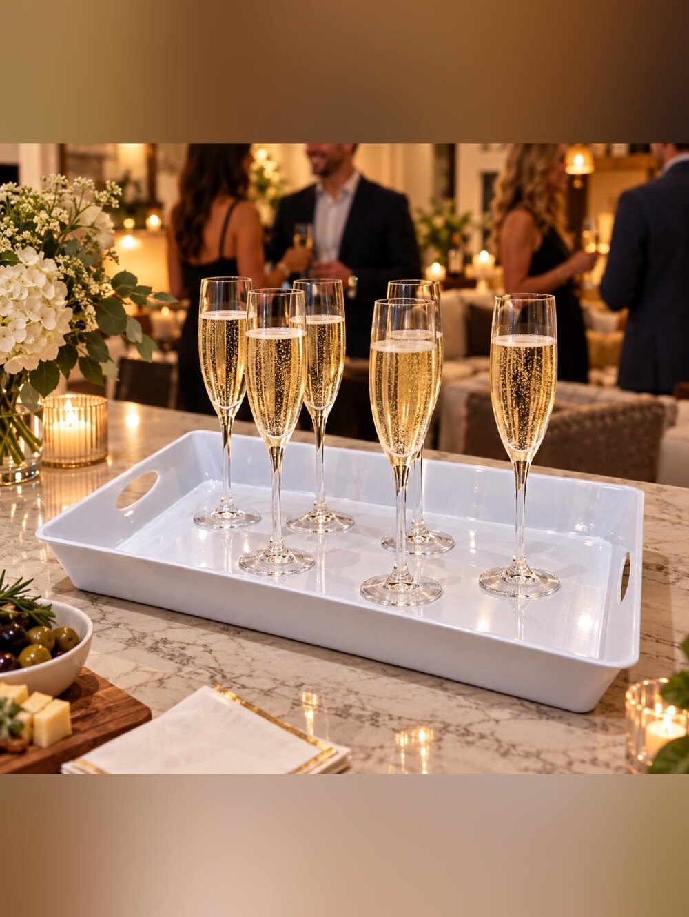 Elegant White Serving Tray with Cutout Handles - Home Dining